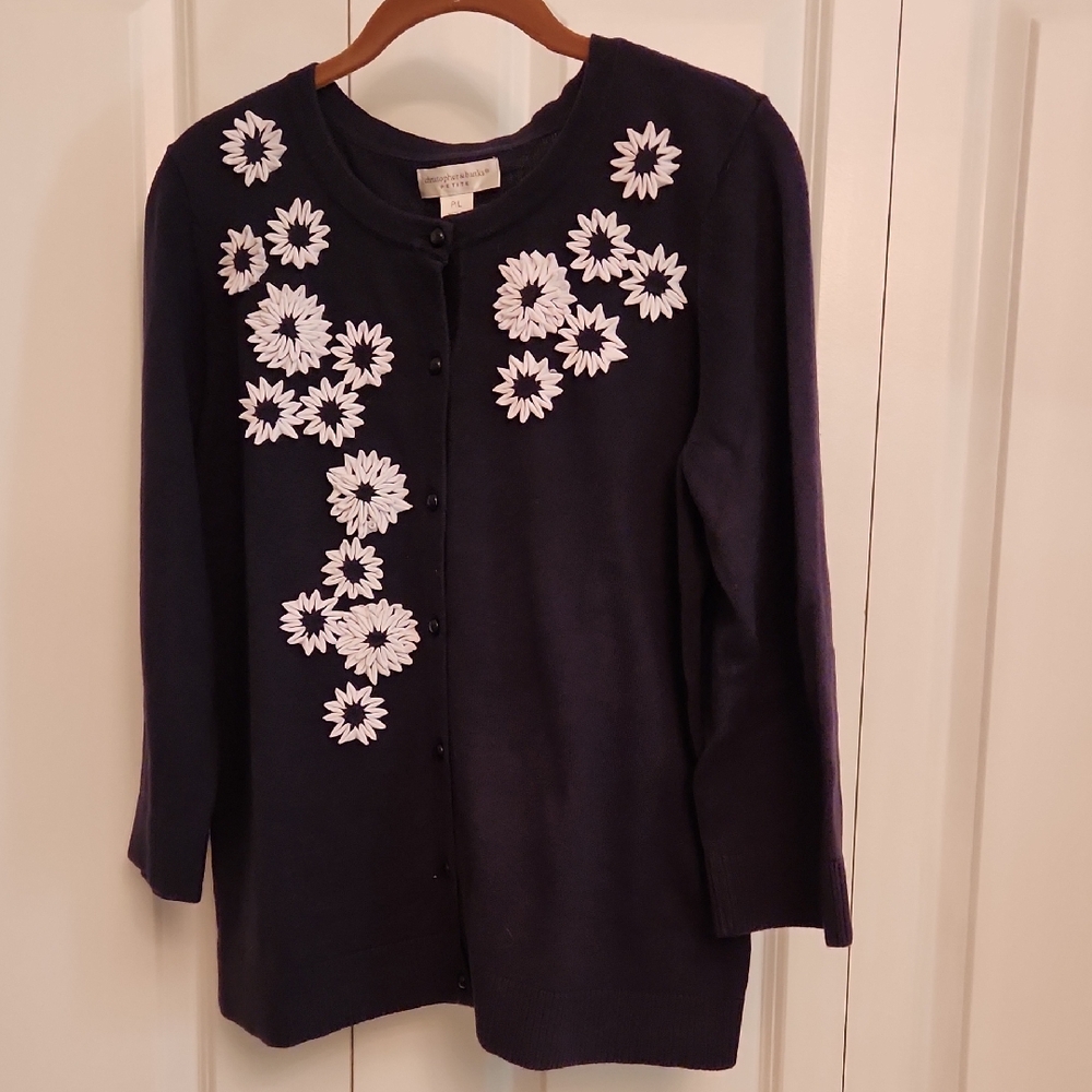 Christopher & Banks Navy Blue Cardigan with White Floral Accents